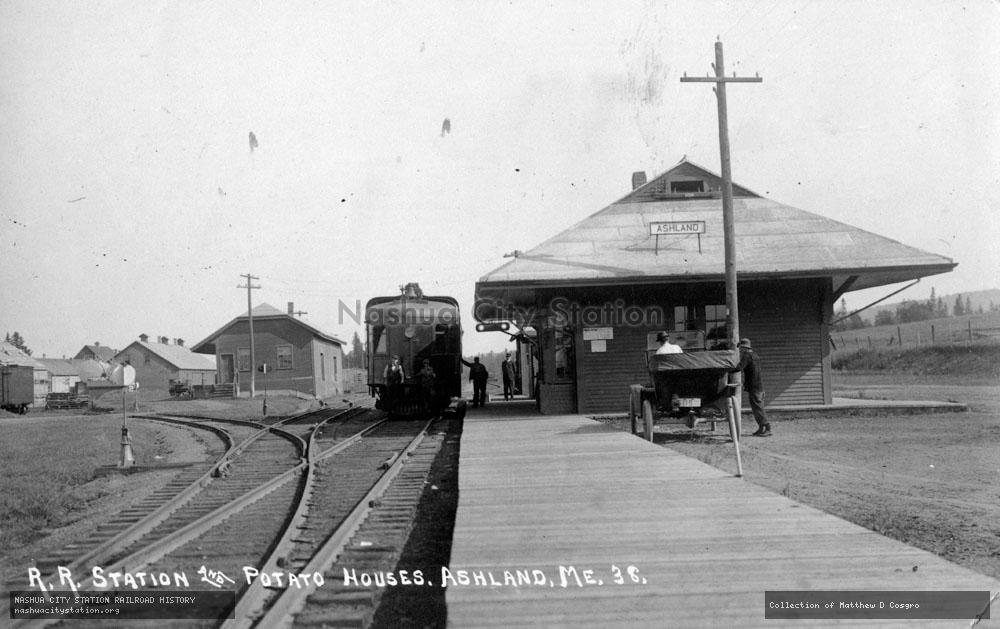 Postcard: Railroad Station and Potato Houses, Ashland, Maine